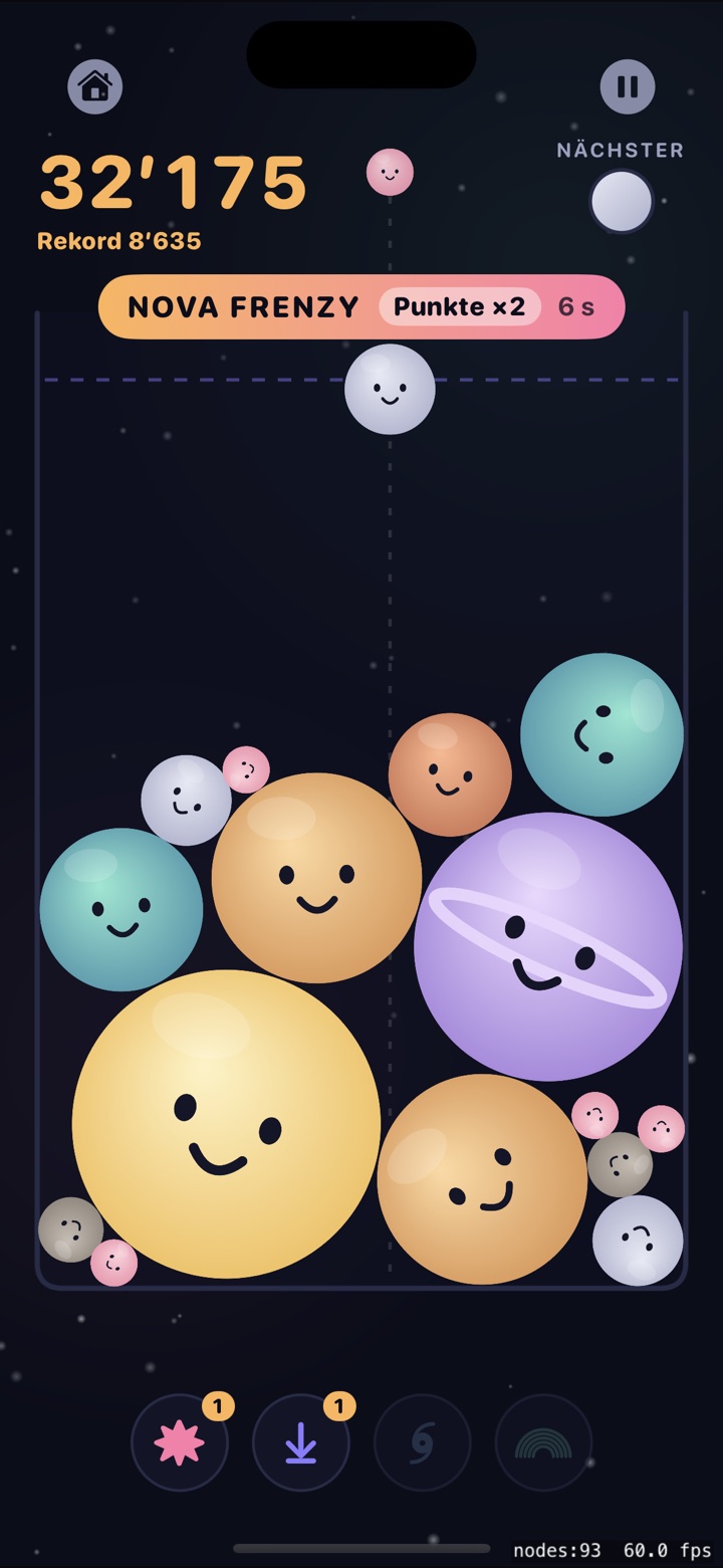 NOVA POP! gameplay with smiling celestial bodies in Nova Frenzy mode