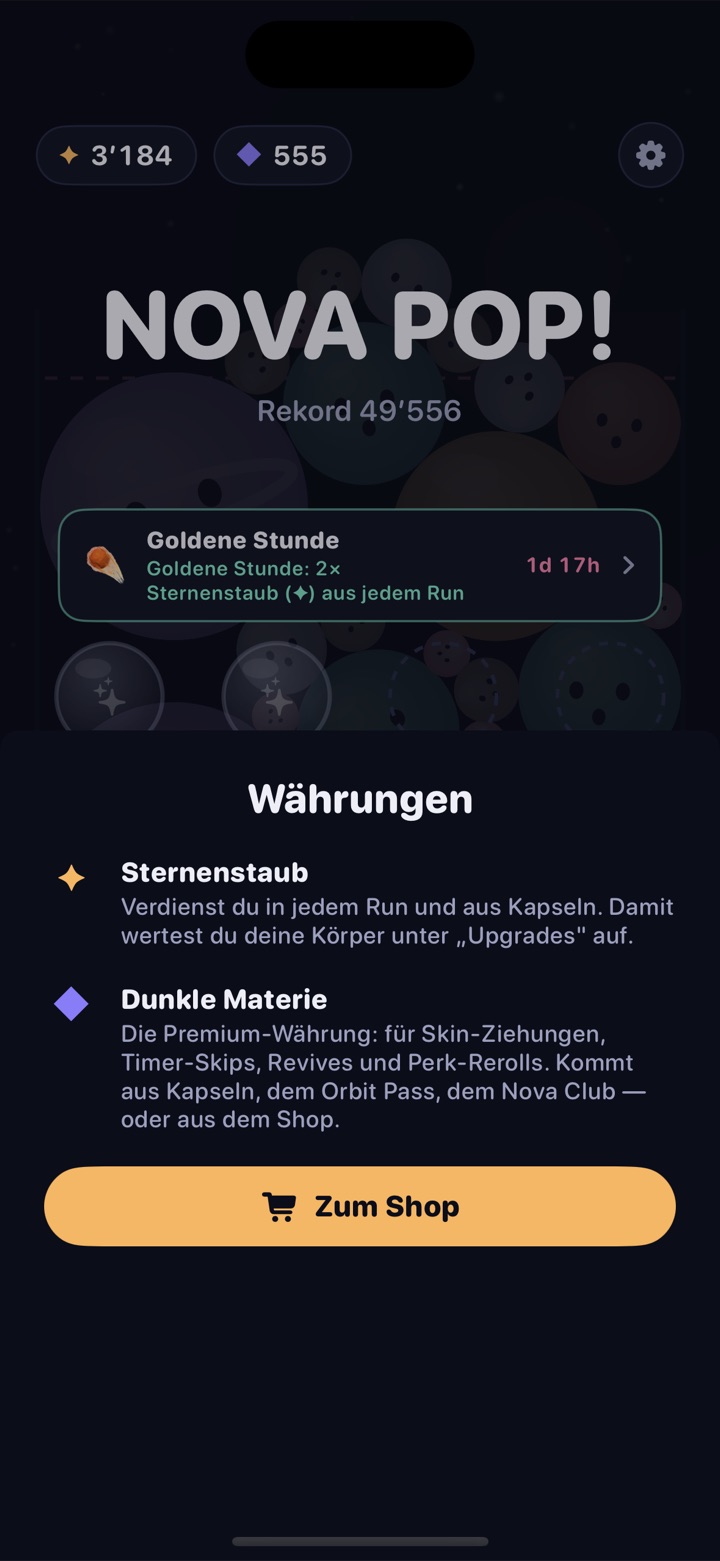 NOVA POP! home screen with cosmic rewards
